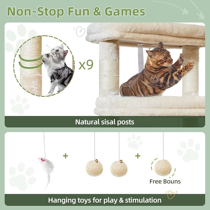 Taoqimiao Heavy-Duty Cat Tree, 71 in Cat Tower for Large Cats 20lbs+ | 3 Giant Multi-Tier Perches, Widened Cat Condo with 9 Scratching Posts, Plush Hammock & Basket, Toys, Beige, MS034M
