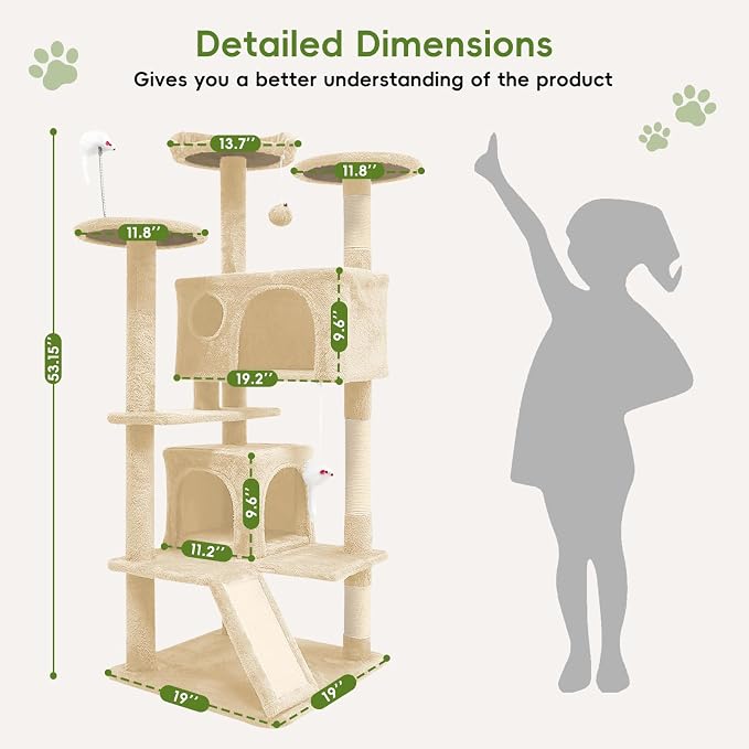 Aotaide 54in Cat Tree, Multi-Level Cat Tower,2 Cozy Caves, Scratching Posts, Climbing Ladder, Plush Balls, Durable Pet House Furniture for Indoor Kittens,Beige
