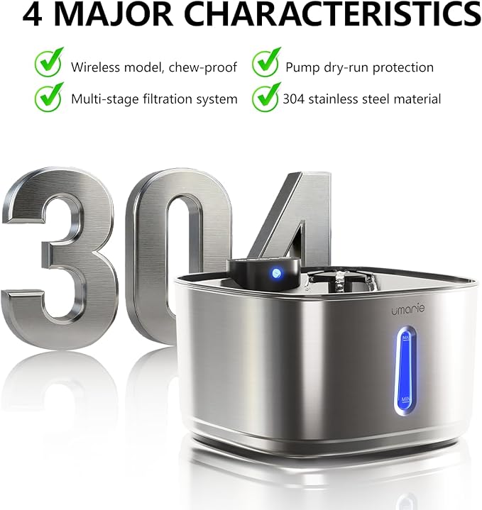 Automatic Cat Water Fountain, Wireless Pet Water Fountain Stainless Steel, Ultra Quiet Pump, Motion Sensor, Easy to Clean, USB Rechargeable, 3.2L/108oz for Multiple Cats & Small Dogs