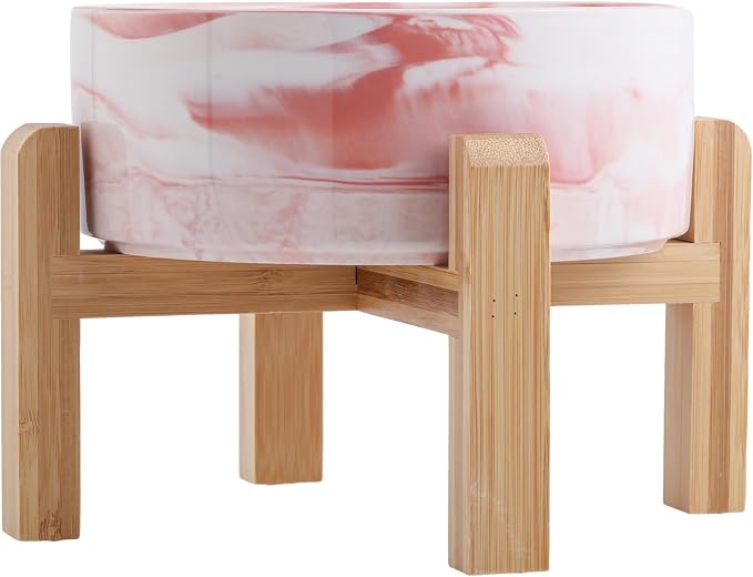 Elevated/Raised Dog Bowl Ceramic with Wood Stand for Small Medium Breed,Dog Food Water Dish Heavy, 6 in Non Slip Modern Cute Porcelain Pet Bowl Marble Pink