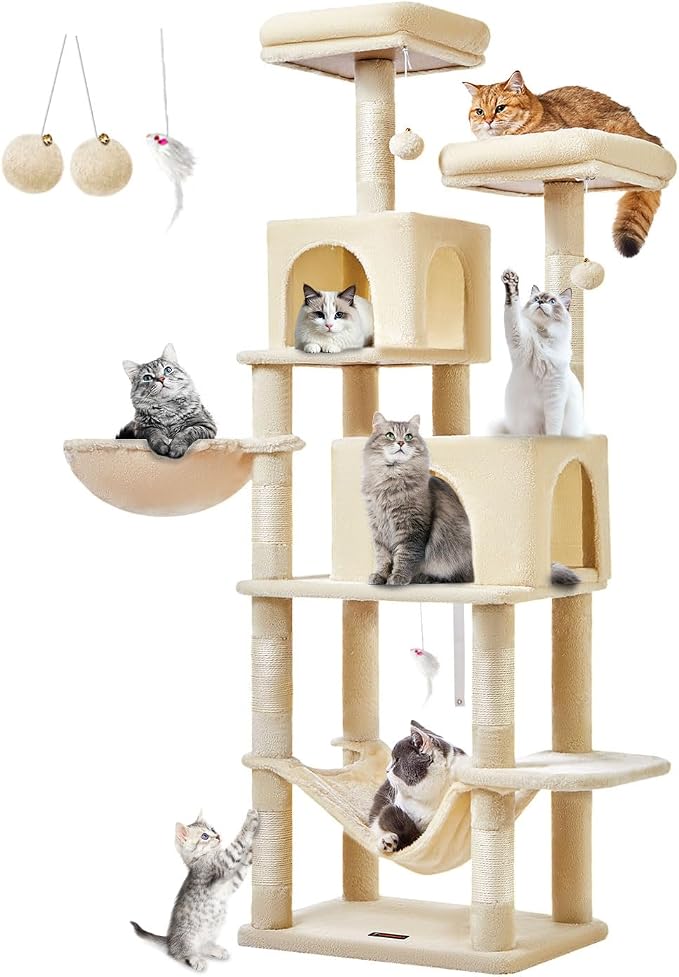 Taoqimiao Cat Tree, 67 in Tall Cat Tower with 2 Plush Cat Condos | 7 Scratching Posts, 2 Top Perches, Cozy Hammock & Basket, Indoor Cats, 2 Pompoms & Mouse Toy, Beige, MS013M