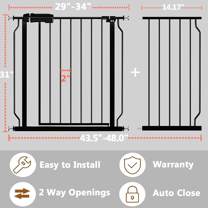 Fairy Baby Walk Through Baby Gate 43.5-48 Inch Wide for Stairs, Pressure Mounted Safety Gate with Door No Drill, Black Tension Metal Gate for Dog and Toddler