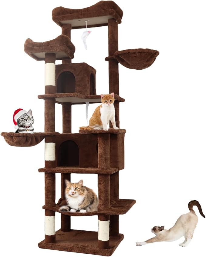 68 Inches Multi-Level Large and Tall Cat Tree Tower for Indoor Cats/Removable Pad/Cat Condo/Sisal Scratching Posts/Hammock/Cat Activity Center/Wide Base