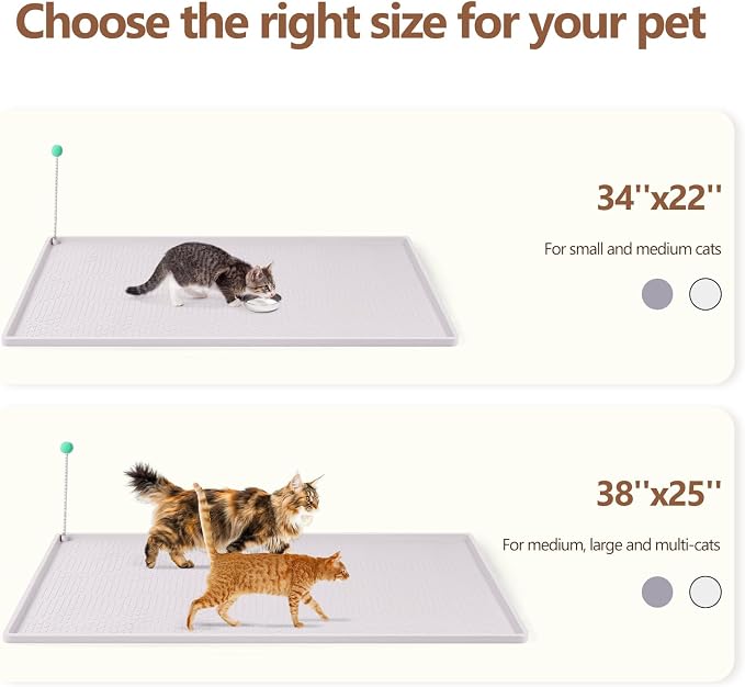 Silicone Cat Litter Box Mat 38'' x 25'' Cat Mat with Toy, White | Extra Large Litter Mat with lip, Non-Slip Waterproof Cat Litter Mat Litter Trapping Mat for Floor, Easy to Clean