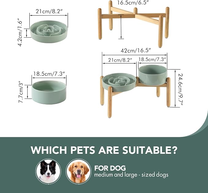 Havniva 8.2” Raised Slow Feeder Dog Bowls Set, 1.6 Cups Ceramic Slow Feeder Dog Bowl and 7.3” Dog Water Bowl with Elevated Wooden Stand Puzzle Dog Food Bowl for Medium Dogs Anti-Gulping & Anti-Choking