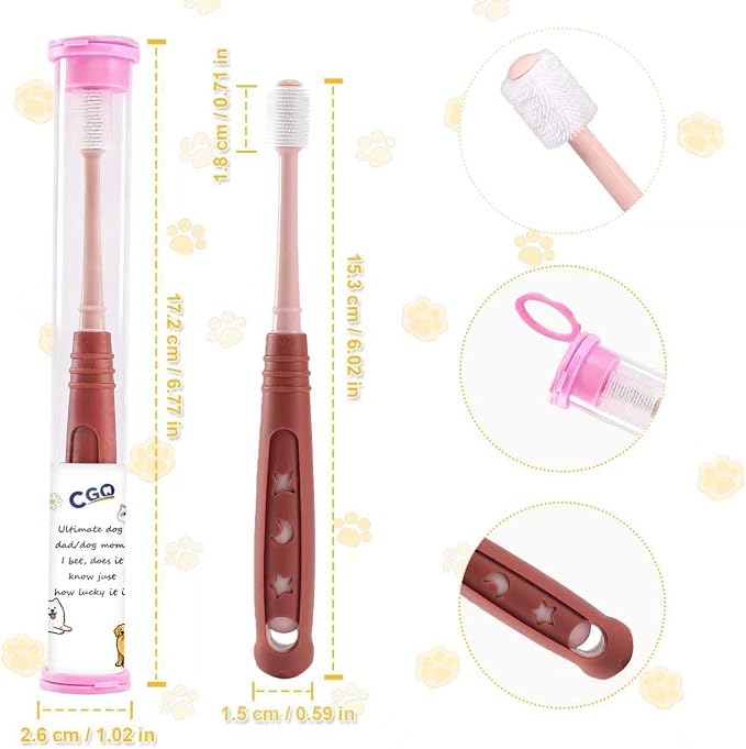 CGO Silicone 360° Toothbrush for Small Dogs & Cats - 3 Pack Round Head Pet Toothbrush, Gentle Chewable Brush with Soft Bristles, Dental Care Kit for Puppy Kitten Oral Hygiene (2 Orange, 1 Brown)