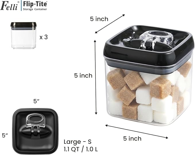Felli Flip Tite Food Storage Container 5" LARGE Size Airtight Lid Lock Top, Stackable Kitchen Canister for Space Saving, Pantry Fridge Cupboard Organizer, Spice Seasoning Pet Treats Snack (1.1 qt)
