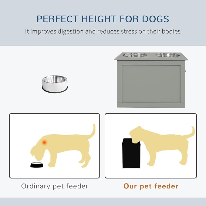 PawHut Raised Pet Feeding Storage Station with 2 Stainless Steel Bowls Base for Large Dogs and Other Large Pets, Gray | with2 Stainless Steel Bowls Base for Other Large Pets