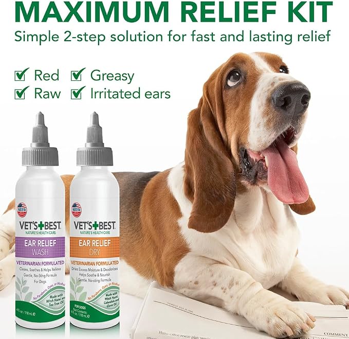 Vet's Best Dog Ear Cleaner Kit - Multi-Symptom Ear Relief - Wash & Dry Treatment - Alcohol-free | Ear Cleaning Kit, Wash & Dry Formula, Alcohol-Free Ear Care, Helps Remove Wax, Debris & Control Odors
