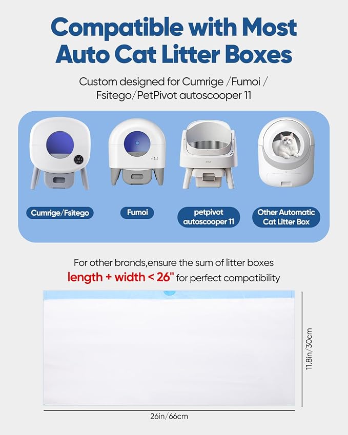 50 Count 26"x11.8" Self-Cleaning Cat Litter Bags - Heavy Duty Litter Box Liners for Cumrige Fumoi & Fsitego Automatic Litter Boxes - Pre-Separated Kitty Litter Bags with Drawstring(10-12 Gallon)