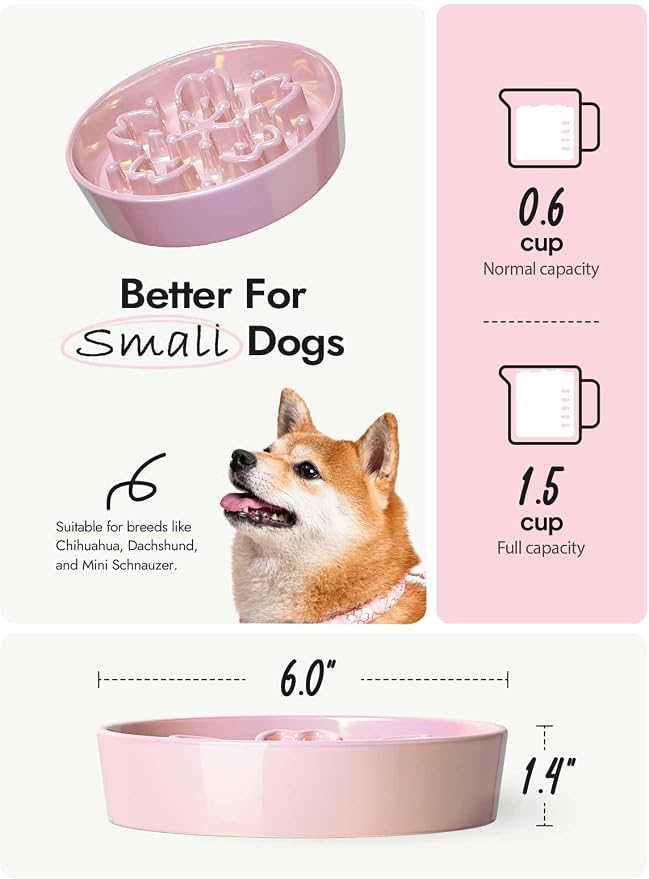 LE TAUCI Ceramic Slow Feeder Dog Bowls Small Breed, 0.6 Cups Dog Food Dish for Fast Eaters, Puzzle Bowl for Small Dogs and Cats,Sakura Pink