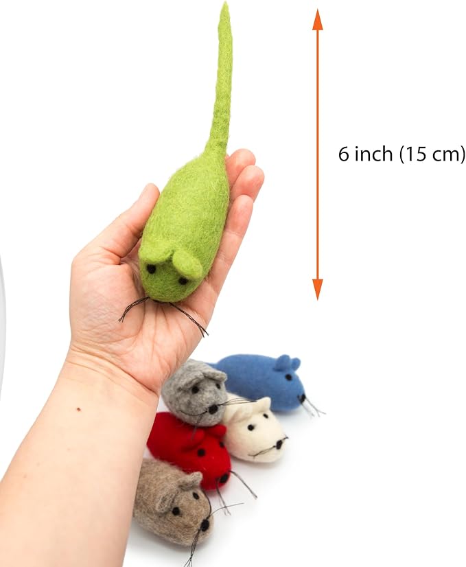 Glaciart One Felt Mouse Cat Toy – 6 Pcs | Soft Fuzzy Enrichment 100% Natural Wool - Interactive Catnip Play Cat Toy Set - Safe for Pets, Non-AZO Colored Dyes