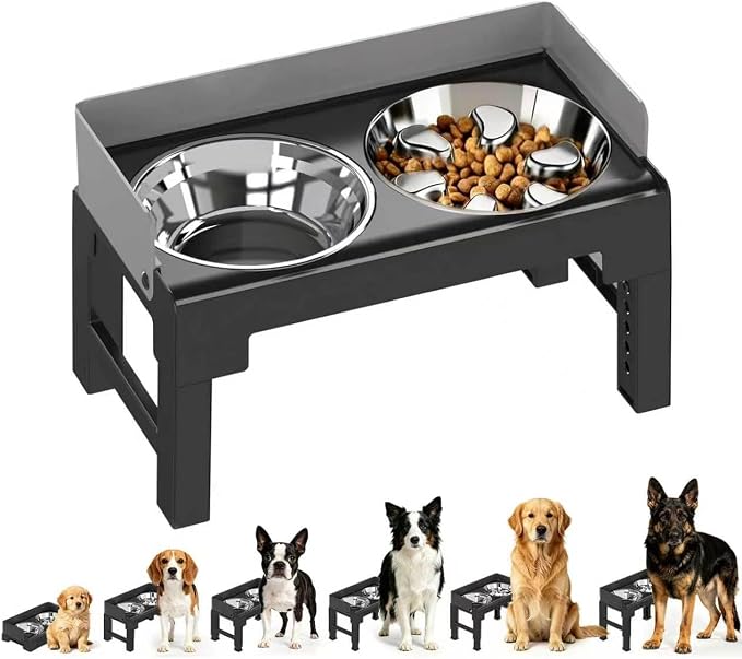 Elevated Dog Bowls with Stainless Steel Slow Feeder Bowl for Medium and Large Dogs, Spill-Proof Tiltable Dog Feeder with 2 Bowls, 6-Height Adjustable Raised Dog Bowl Stand