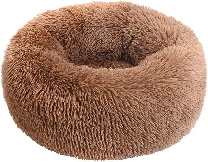 Faux Fur Dog Bed Cat Bed,Shag Round Anti-Anxiety Pet Calming Bed Doughnut Cuddler for Medium Large Puppy Dog Cat Kennel Cushion Self Warming Bed (28'' D x 8'' H, Coffee)