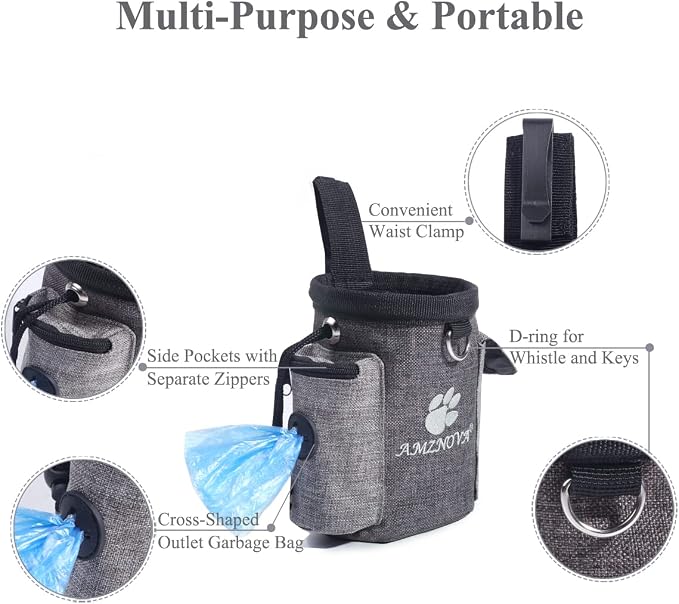 AMZNOVA Dog Treat Pouch Treatnow Dog Treat Bag, 3 Cups, Heather Coffee | Training Pouch with Waist Belt & Clicker for Training & Walking, Waist Clip On Snack Fanny Pack for Pet