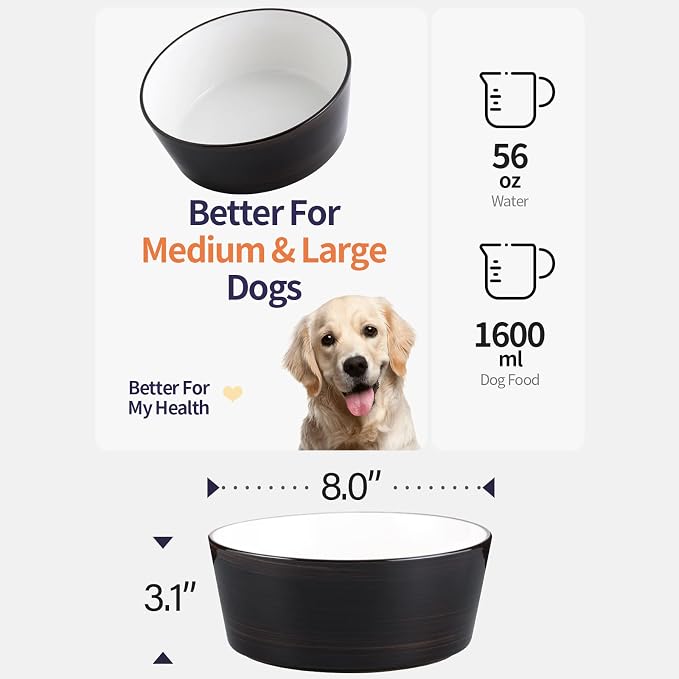 Black Elevated/Raised Dog Bowl Ceramic with Wood Stand for Medium Large Breed,Dog Food Water Dish Heavy Wighted,8 in Non Slip Modern Cute Porcelain Pet Bowl Wide Extra Large