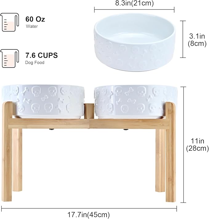 SPUNKYJUNKY Elevated Dog Bowls Ceramic, 8.3'' Dogs Food Water Bowls Raised with Non-Slip Bamboo Stand for Large Sized Breed Microwave Dishwasher Safe - 60 OZ,Skull White