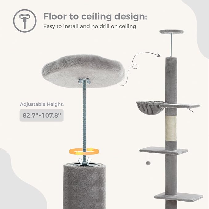 PEQULTI Floor to Ceiling Cat Tree, Adjustable 83-108in 5-Level Tower, Grey | Tension-mounted tall cat tower with 5 levels, cozy condo, hammock & sisal scratching post; wide base for indoor adult cats