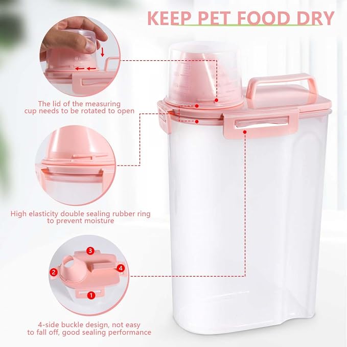 SenseYo 2 Pack 2.5lb Pet Food Storage Container with Measuring Cup, 3L Cat Food Storage Container Dog Food Storage BPA Free for Small Dog, Cat, Bird (Pink)