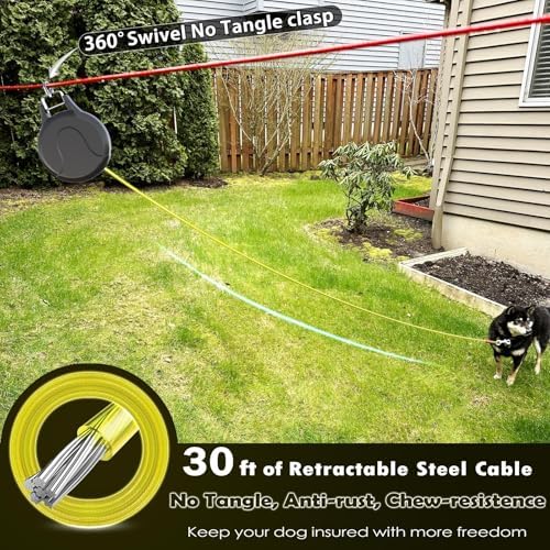 30ft Retractable Dog Leash, 2-in-1 Retractable Dog Lead for Zipline, Aerial Run Cable Trolley Or Stake Anchor, No Tangle Lead Reel for Camping Or Yard (1)