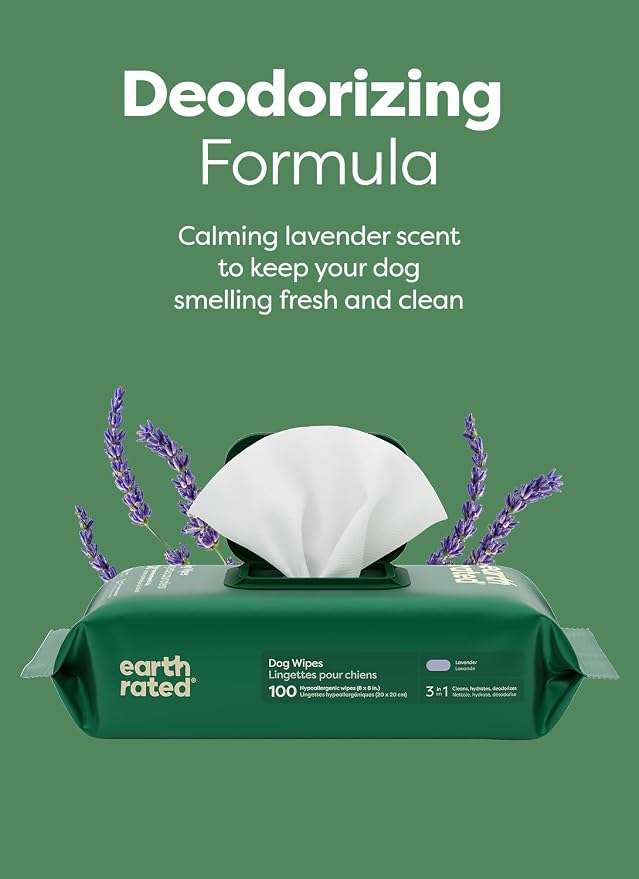 Earth Rated Dog Wipes for Paws & Butt, Deodorizing, Lavender, 400ct | Hypoallergenic, 3-in-1 Cleaning and Hydrating, for Grooming Paws, Body and Butt