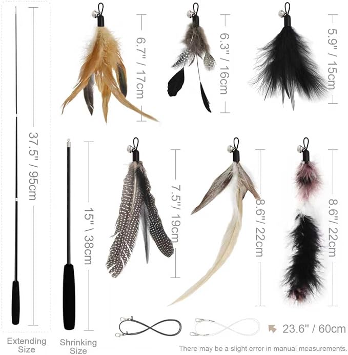 SONGWAY Interactive Cat Feather Toy Set - Retractable Teaser Wand with 6 Pcs Feather Refills with Bell, Cat Wand Toys for Indoor Cats Kittens Play Chase Exercise, Black
