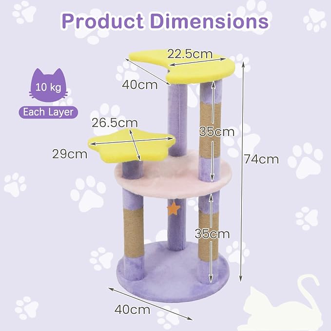 PETSITE 29-inch Cute Cat Tree, Multi-Level Small Cat Tree with Jute Scratching Post, Dangling Toy, Star and Moon-Shaped Perches, Ideal for Indoor Cats (Purple)