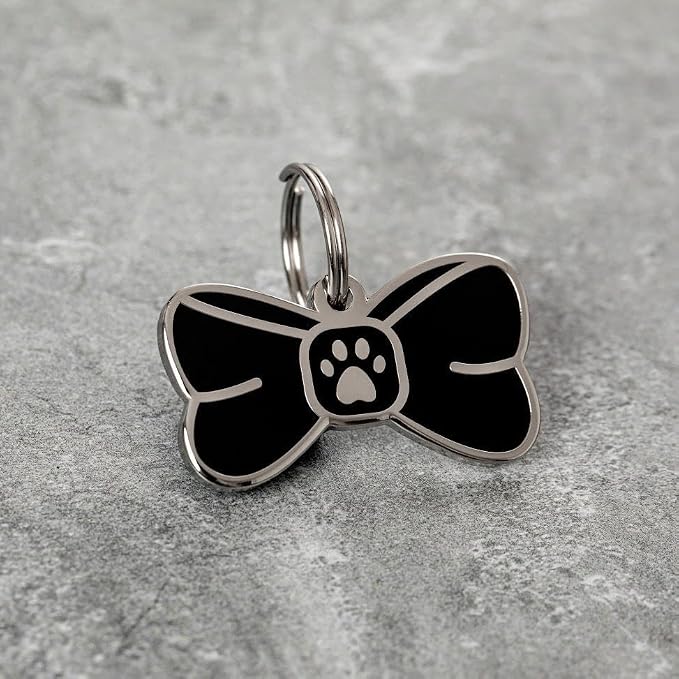 Two Tails Bowtie Pet ID Tag, Personalized Dog Name Tag with Custom Engraving, Stylish Collar Charm for Dogs & Puppies, Durable Brass with Silver Plating, Cute Pet Accessory for Collars & Harnesses