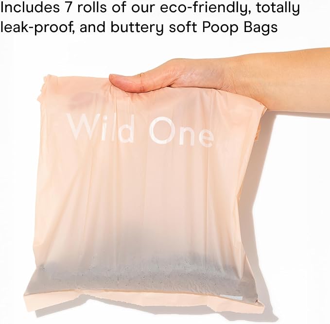 Wild One Dog Poop Bag Holder and Dispenser with Leash Attachment, Leak Proof, Easy Twist Top for Refills, Includes 1 Box Of Bags, Navy