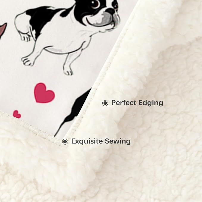 BlessLiving Boston Terrier Sherpa Blanket Queen Size 90x90 Inches - 3D Red Hearts Puppy Dog Print Super Soft Plush Fleece Throw for Adults, Women, Pet Lovers, Cute Animal Themed Gift