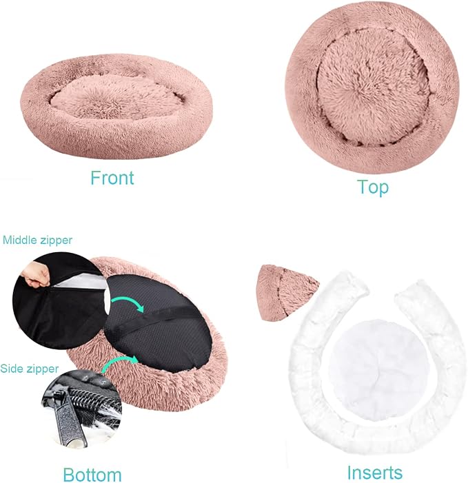 SAVFOX 54 inches Calming Donut Dog Bed - 3X Durable Plush Faux Fur, Machine Washable & Non-Slip, Fits up to 210 lbs, Removable Cover, Pink