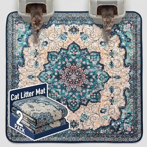 Hompet Cat Litter Mat 2 Pack, 72x72 Large Machine Washable Trapping Mats for Cats, Super Absorbent & Urine-Proof Cat Litter Box Mat for Floor, Waterproof & Non Slip Kitty Litter Rug