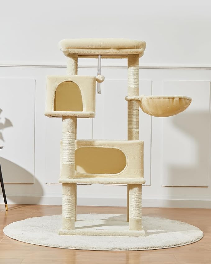Taoqimiao Cat Tree, 49In Cat Tower for Indoor Cats Large Adult | 2 Luxurious Cat Condos, Thick Padded Top Perch, Adjustable Hanging Baskets, 5 Scratching Sisal Posts, Beige MS029LM
