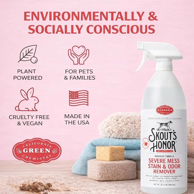 SKOUT'S HONOR Severe Mess Stain and Odor Remover, 35 oz | Advanced Stain and Carpet Cleaner for Dog Urine, Poop, Vomit and Toughest Pet Messes, Professional-Strength