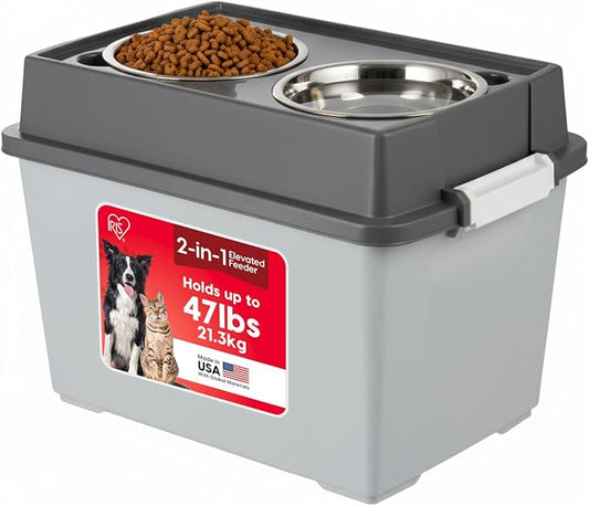 IRIS USA Dog Bowls Elevated with Storage, 15" H Raised Feeding Station, Dog Bowl Stand with Airtight Food Storage Holds 47 lbs, 2 Removable 64 oz Stainless Steel Bowls for Large Dogs, Gray/Dark Gray