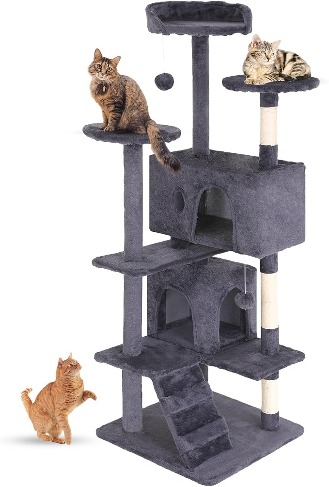 FDW | 54" Cat Tree Tower | Ashy | Multi-Level Indoor Activity Center | with Sisal Scratching Posts, Condos, Plush Perches, Hanging Cat Toys | Sturdy, Easy to Assemble | for Kittens & Adult Cats
