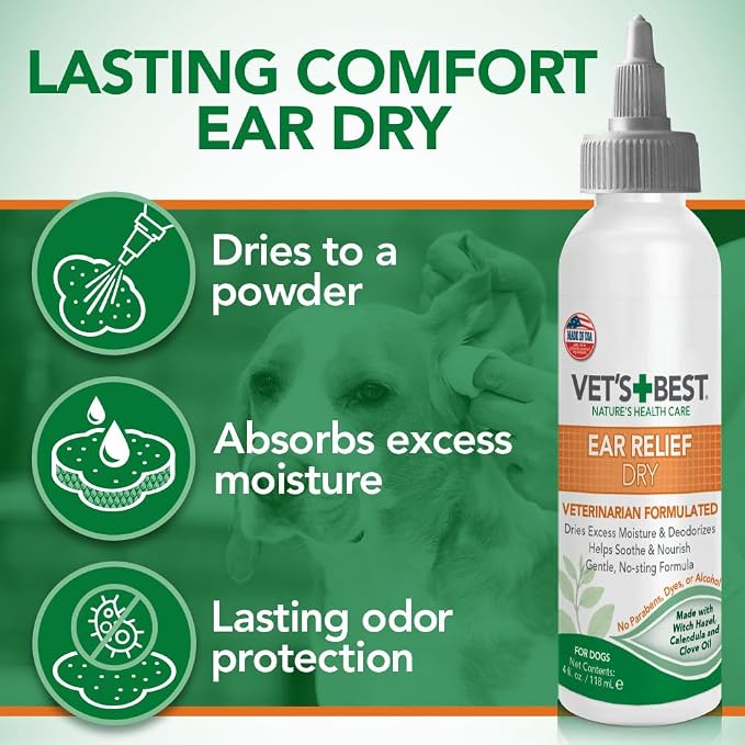 Vet's Best Dog Ear Cleaner Kit - Multi-Symptom Ear Relief - Wash & Dry Treatment - Alcohol-free | Ear Cleaning Kit, Wash & Dry Formula, Alcohol-Free Ear Care, Helps Remove Wax, Debris & Control Odors