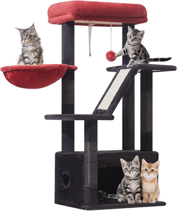 Taoqimiao Gothic Cat Tree, 38.5In Cat Tower for Indoor Cats, for Kittens | Thick Padded Top Perch, Luxurious Cat Condo, Adjustable Basket, 1-Piece Ramp Scratcher, 3 Natural Sisal Posts, MS029SBR