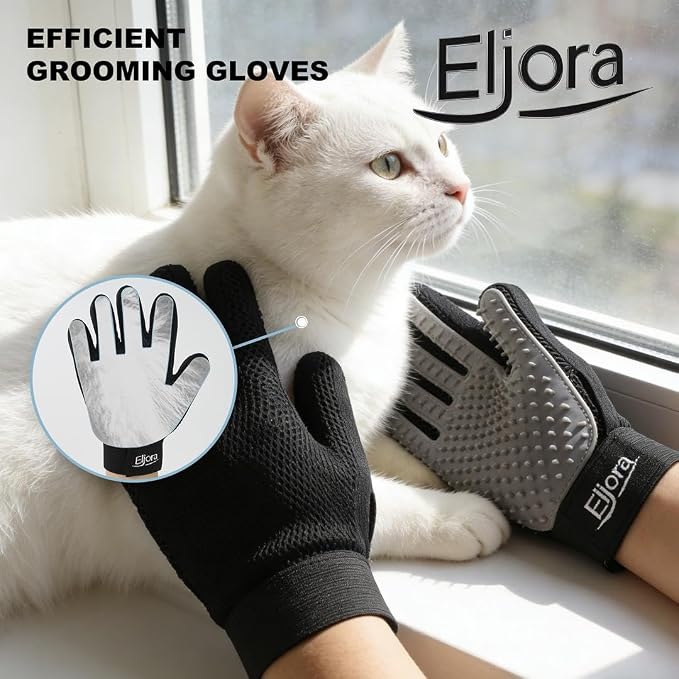 Pet Grooming Glove (Pair) & Dematting Comb Set – Anti-Slip Handle Deshedding Comb+ Gentle Massage Gloves for Dogs & Cats – Removes Loose Hair, Mats & Tangles – Safe, Effective Grooming