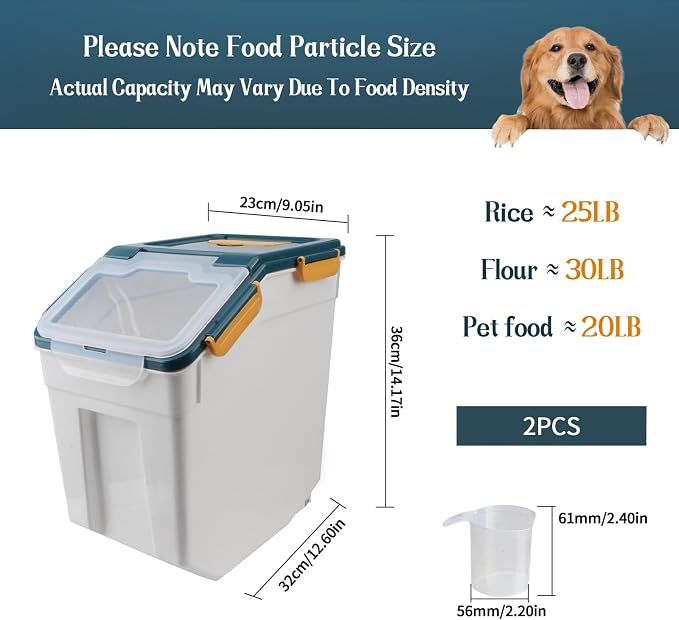2 Pack Large Flour Storage Container 25 lb, Airtight Food Storage Bins with Wheels & Locking Lid, BPA Free Rice Grain Organizer with Measuring Cup, Flour Bin for Kitchen Pantry (Blue)