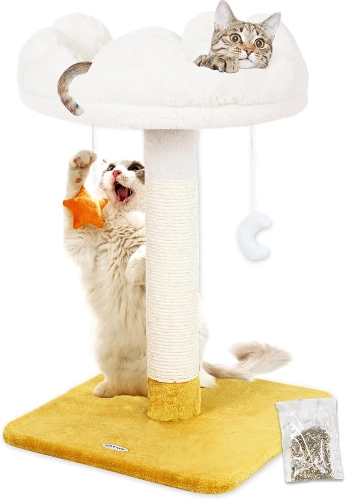 Tall Cat Scratching Post with Large Bed, Thick Posts with Toys | 28" Tall For Large Cats, Easy To Clean, Cloud-Shaped Soft Perch, Removeable Cover, Stable Cat Stand, Bonus Catnip