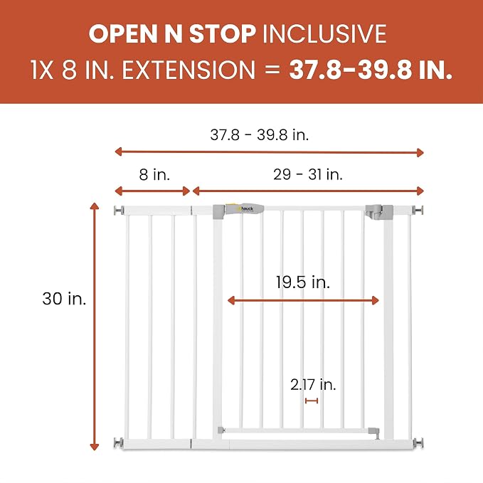 hauck Open N Stop Pressure Fit Baby & Pet Safety Gate w/ 8" Extension, Accommodates 37.8 to 39.75" Wide Home Doorway, Stairway, or Hallway, White