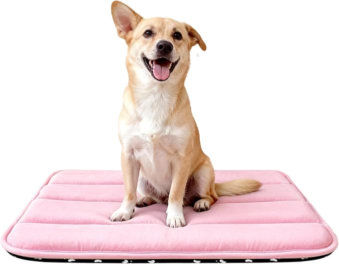 Dog Bed Mat, Reversible Dog Crate Pad with Washable Kennel Mat and Soft Foam, Flat Pet Bed for Dogs & Cats, for Crates Carriers & Travel (Pink, 28" L*16" W*1.5" Th)