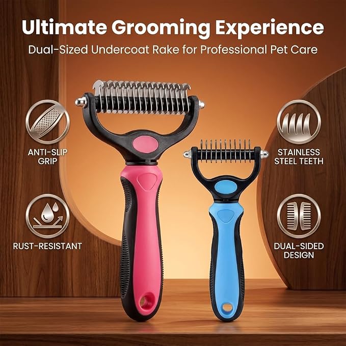 Dematting Comb for Dogs and Cats, Undercoat Rake Pet Brush for Long Hair, Deshedding Dog Brush Removes Tangles Knots and Loose Fur, Grooming Tool for Thick Coats (Pink L)