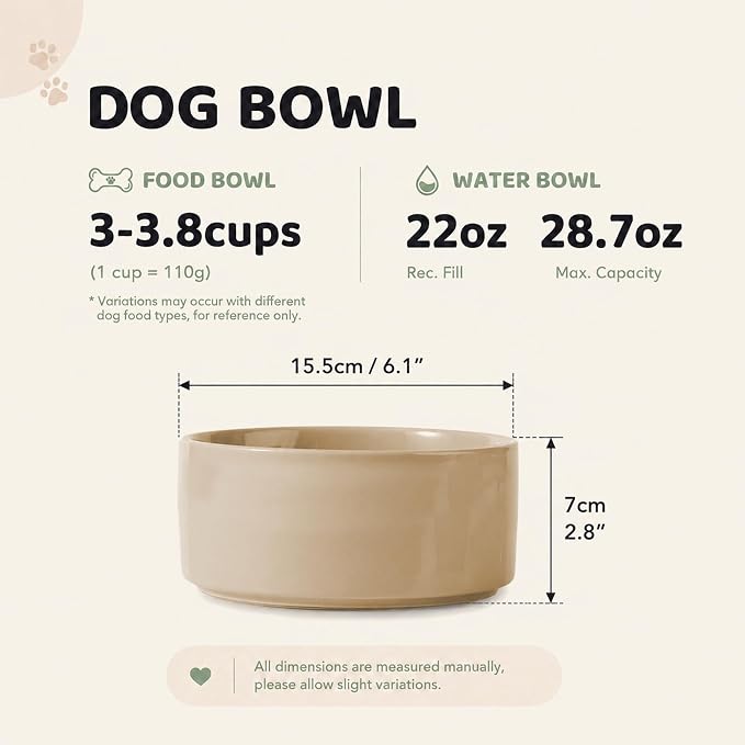 Havniva Ceramic Dog Bowls, Dog Food and Water Bowl Set, Dog Water Bowl | 6.1” Ceramic Dog Food Bowls with Non-Slip Rubber Base, Large Capacity, Double Dog Feeding Bowls for Small and Medium Dogs