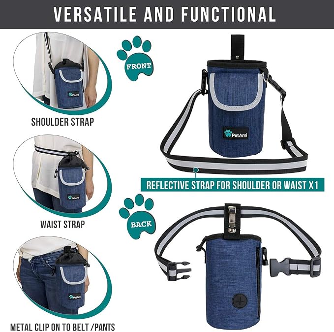 PetAmi Dog Treat Pouch, Large Hands-Free Training Bag, Navy Blue | Built-In Poop Bag Dispenser, Holds 3 Cups Of Treats, 4 Ways to Wear, D-Ring, Reflective Strap, Dog Treat Bag for Walking