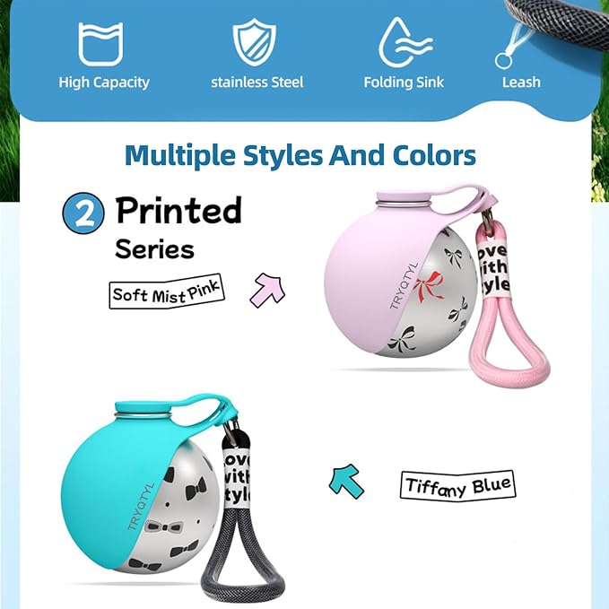 Dog Water Bottle, 10oz Stainless Steel Portable Dog Water Bottle with Foldable Silicone Bowl, 2-in-1 Portable Dog Water Bowl for Water & Food, Water Dispenser for Dogs Walking (Pink)