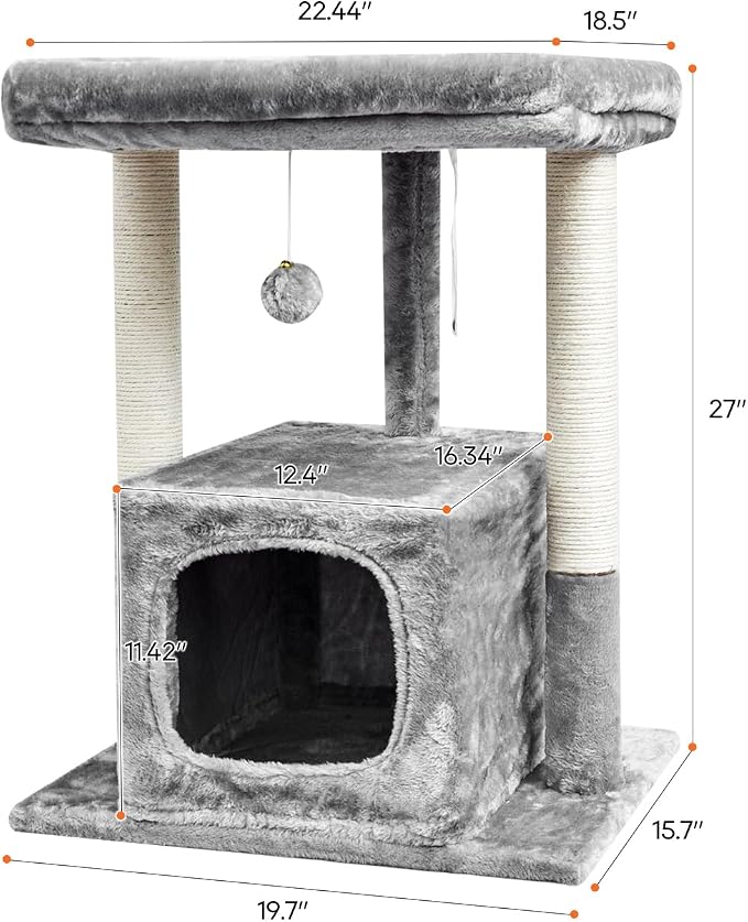 SYANDLVY 27IN Cat Tree for Indoor Cats Large Adult, Modern Activity Tower with Scratching Posts, Condo with Plush Perch, Climbing Stand with Spring Ball for Play, Grey