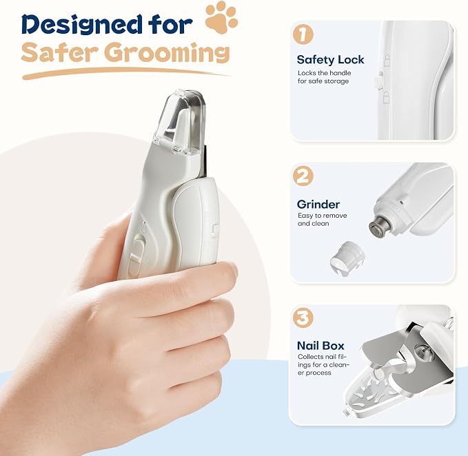 Dog Nail Clippers with Light and Dog Nail Grinder Quiet, Dog Nail Trimmers | 2-in-1 Dog Nail Grinder with Guard,Cat Nail Clipper Trimmer,Silent Professional Pet Nail File Grooming Tool