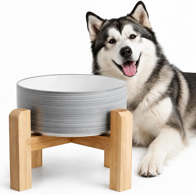 hjn Elevated Ceramic Dog Bowl with Bamboo Stand, Raised Pet Feeding Station for Small Medium Dogs Cats, Modern Design with Anti-Slip Base (White Gray, 7.6Cup)